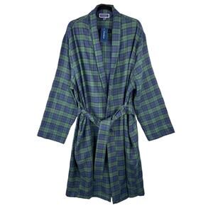 Club Room Men's Robe Size L/XL Plaid Shawl Collar Flannel Robe Navy/Green NEW